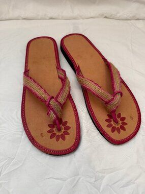 Mexican Artisan Jute Rope & Leather Thong Sandals — Hot Pink Trim — Women's Size